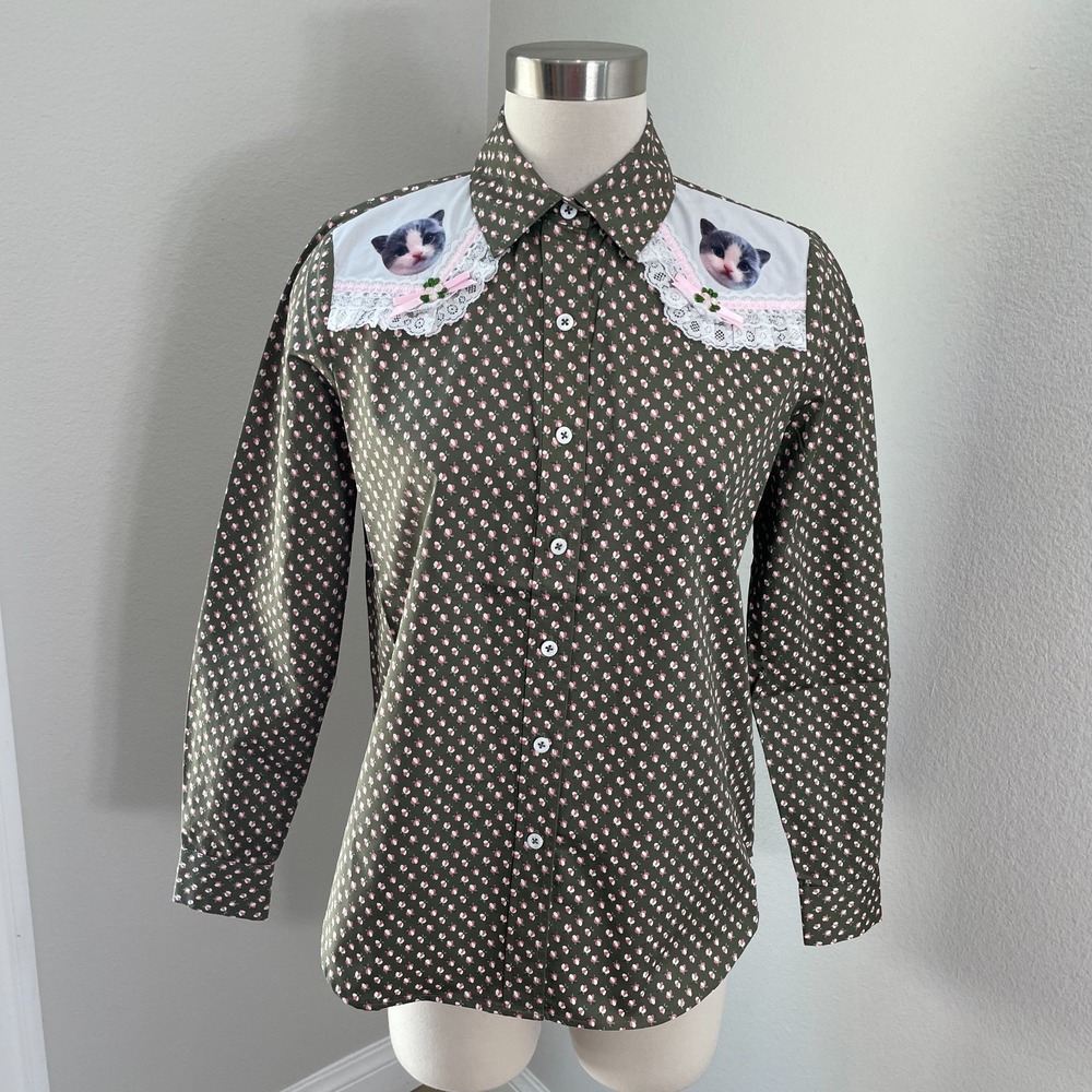 NEW Paul & Joe Sister Shirt Womens 0 Green Floral Kitten Cat Button Front Top